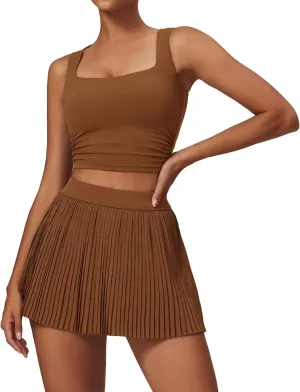 Women 2 Piece Tennis Dress Square Neck Tank Top with High Waisted Pleated Workout Skorts Skirt Set Yoga Golf Outfits