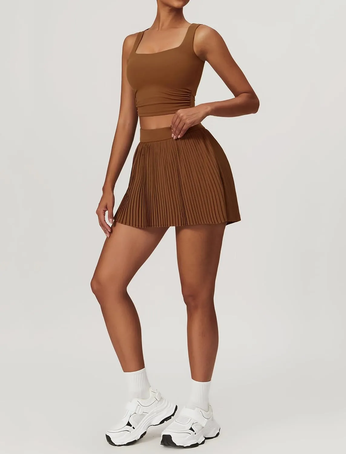 Women 2 Piece Tennis Dress Square Neck Tank Top with High Waisted Pleated Workout Skorts Skirt Set Yoga Golf Outfits