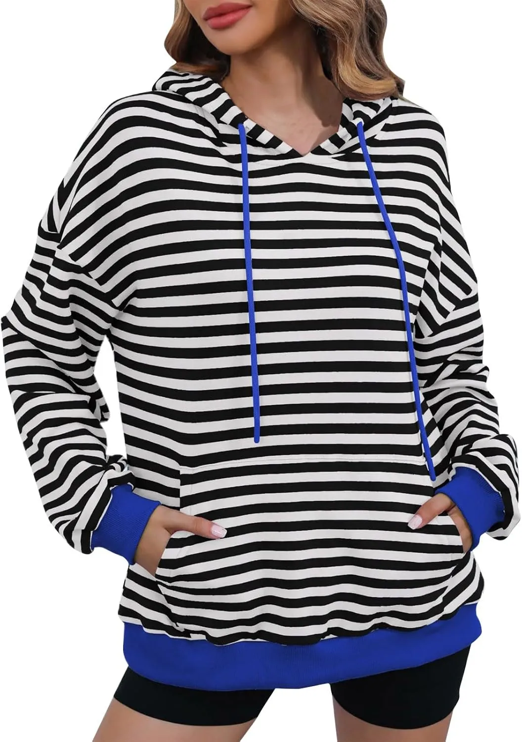 Women 2024 Striped Hoodies Sweatshirt Drawstring Cute Pullover Sweatshirts Long Sleeve Shirts Tops Trendy Fall Clothes