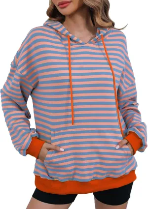 Women 2024 Striped Hoodies Sweatshirt Drawstring Cute Pullover Sweatshirts Long Sleeve Shirts Tops Trendy Fall Clothes