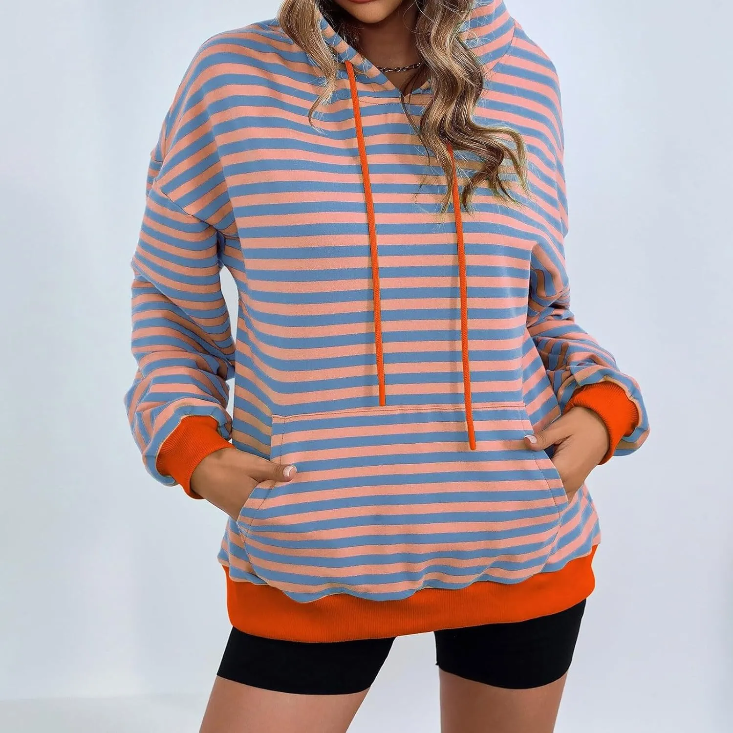 Women 2024 Striped Hoodies Sweatshirt Drawstring Cute Pullover Sweatshirts Long Sleeve Shirts Tops Trendy Fall Clothes