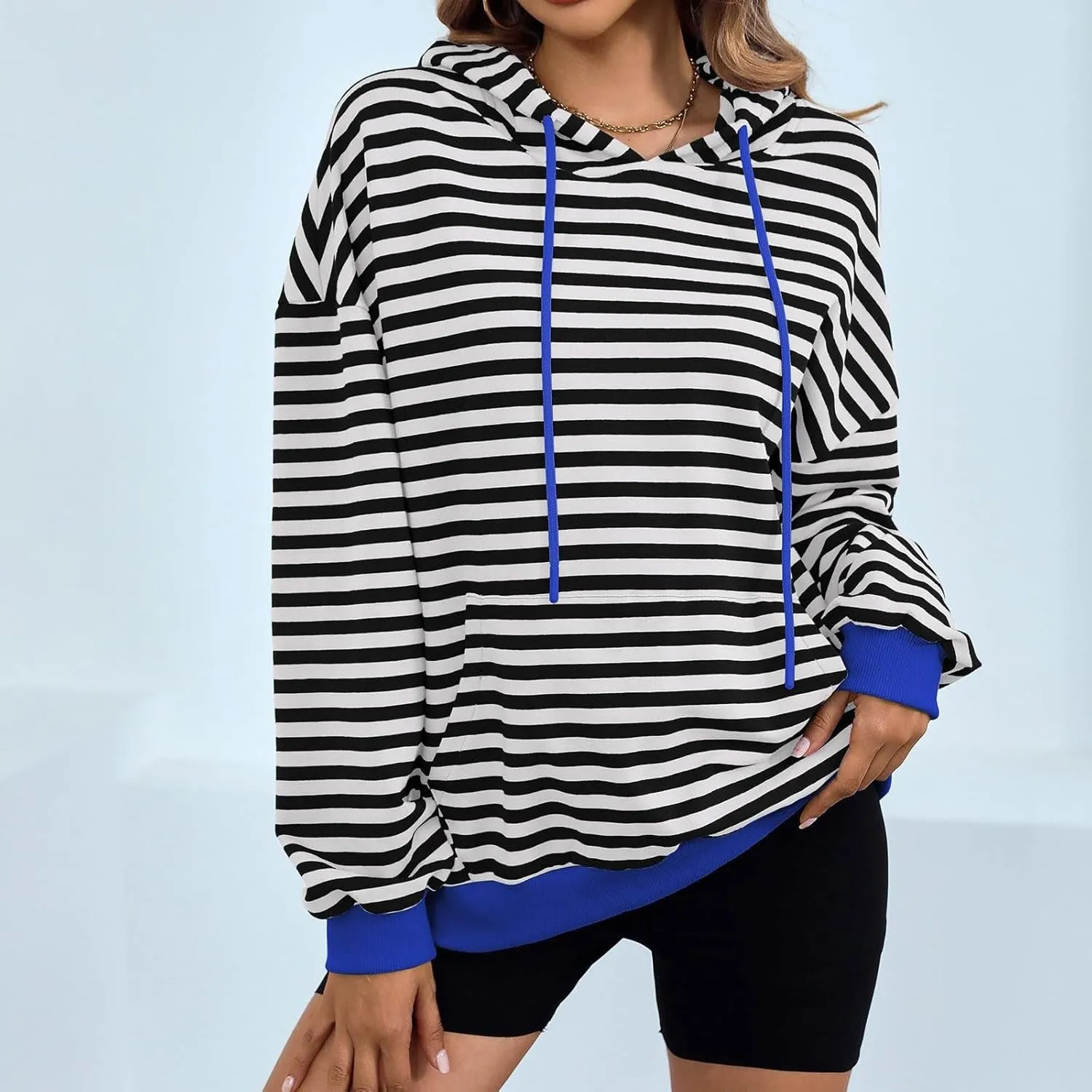 Women 2024 Striped Hoodies Sweatshirt Drawstring Cute Pullover Sweatshirts Long Sleeve Shirts Tops Trendy Fall Clothes