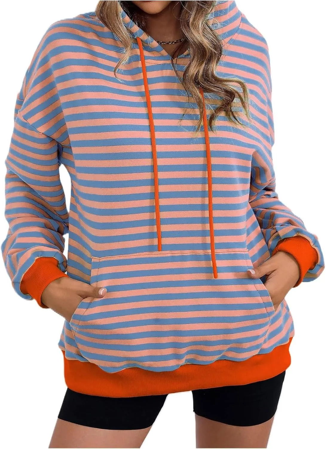 Women 2024 Striped Hoodies Sweatshirt Drawstring Cute Pullover Sweatshirts Long Sleeve Shirts Tops Trendy Fall Clothes