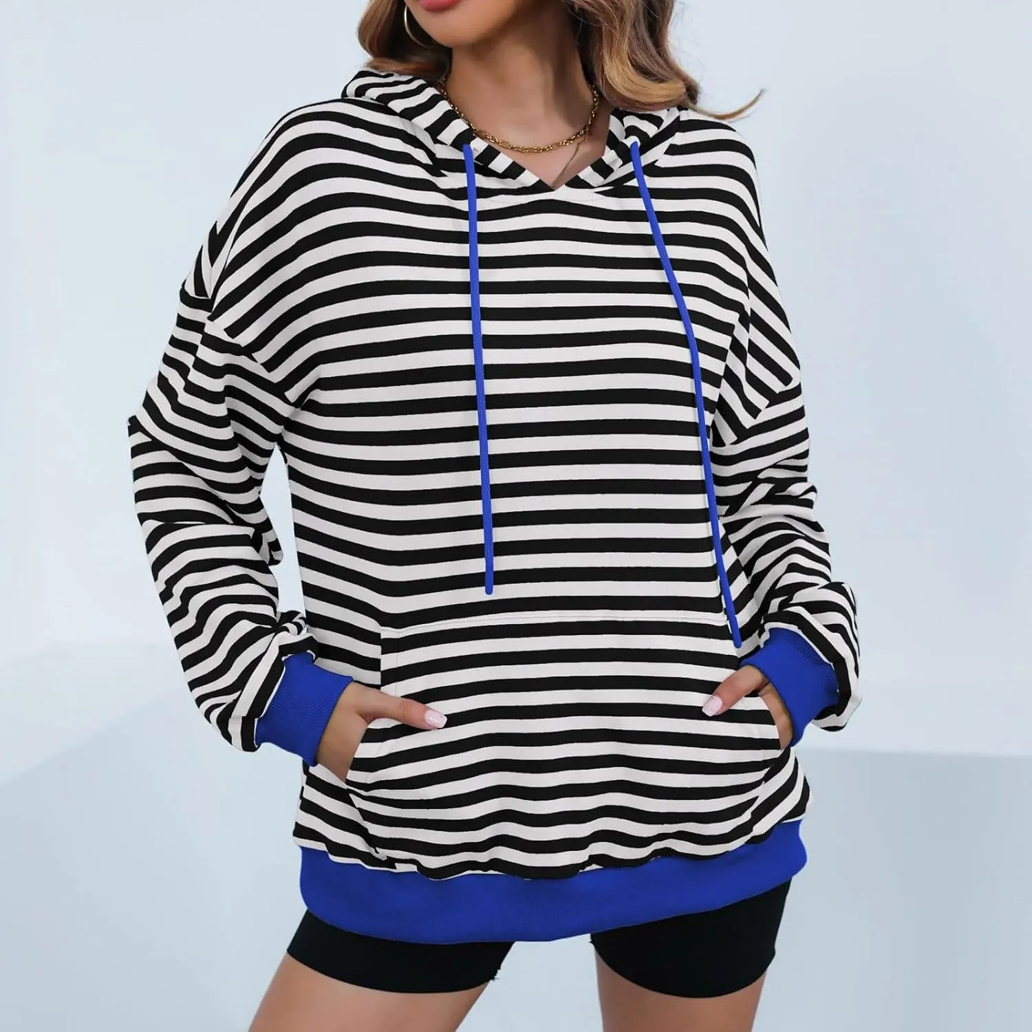 Women 2024 Striped Hoodies Sweatshirt Drawstring Cute Pullover Sweatshirts Long Sleeve Shirts Tops Trendy Fall Clothes