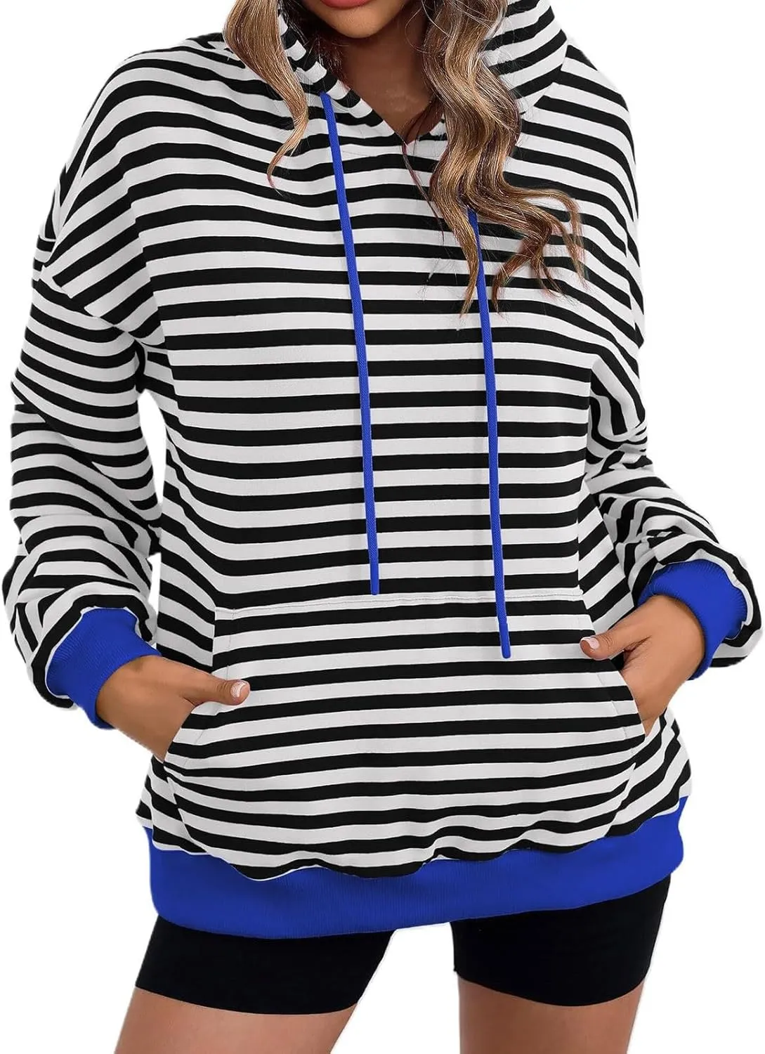 Women 2024 Striped Hoodies Sweatshirt Drawstring Cute Pullover Sweatshirts Long Sleeve Shirts Tops Trendy Fall Clothes