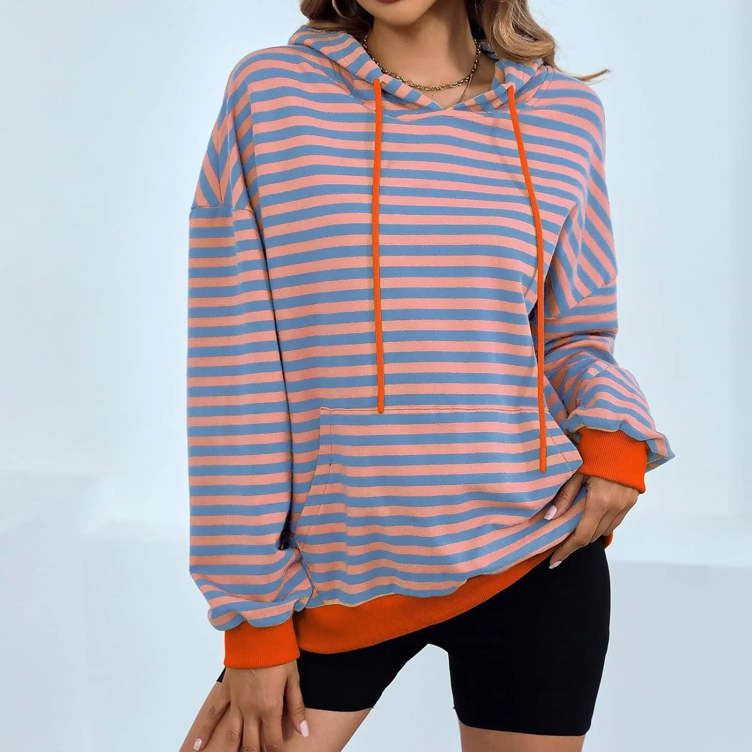 Women 2024 Striped Hoodies Sweatshirt Drawstring Cute Pullover Sweatshirts Long Sleeve Shirts Tops Trendy Fall Clothes