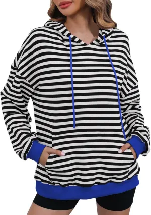 Women 2024 Striped Hoodies Sweatshirt Drawstring Cute Pullover Sweatshirts Long Sleeve Shirts Tops Trendy Fall Clothes