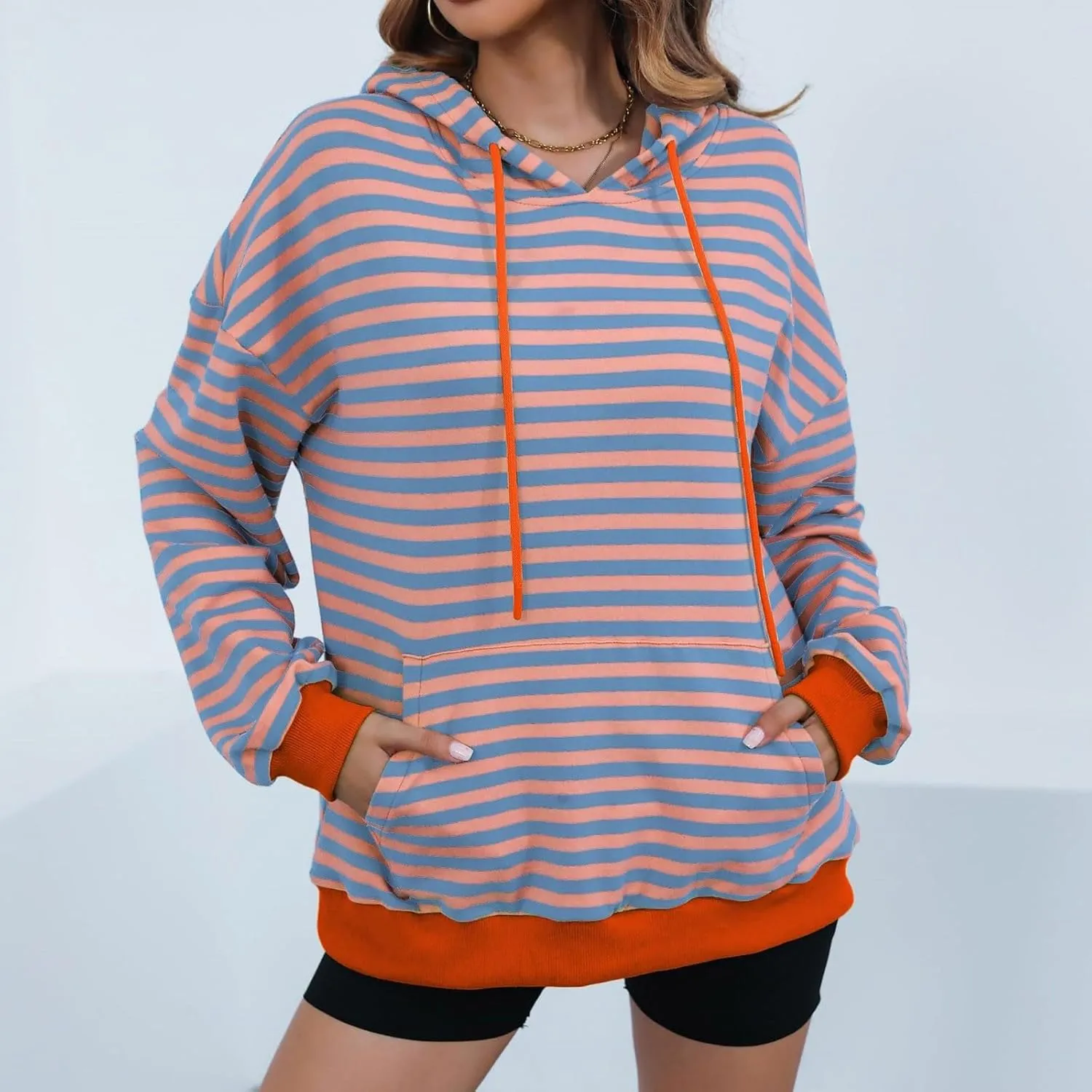 Women 2024 Striped Hoodies Sweatshirt Drawstring Cute Pullover Sweatshirts Long Sleeve Shirts Tops Trendy Fall Clothes