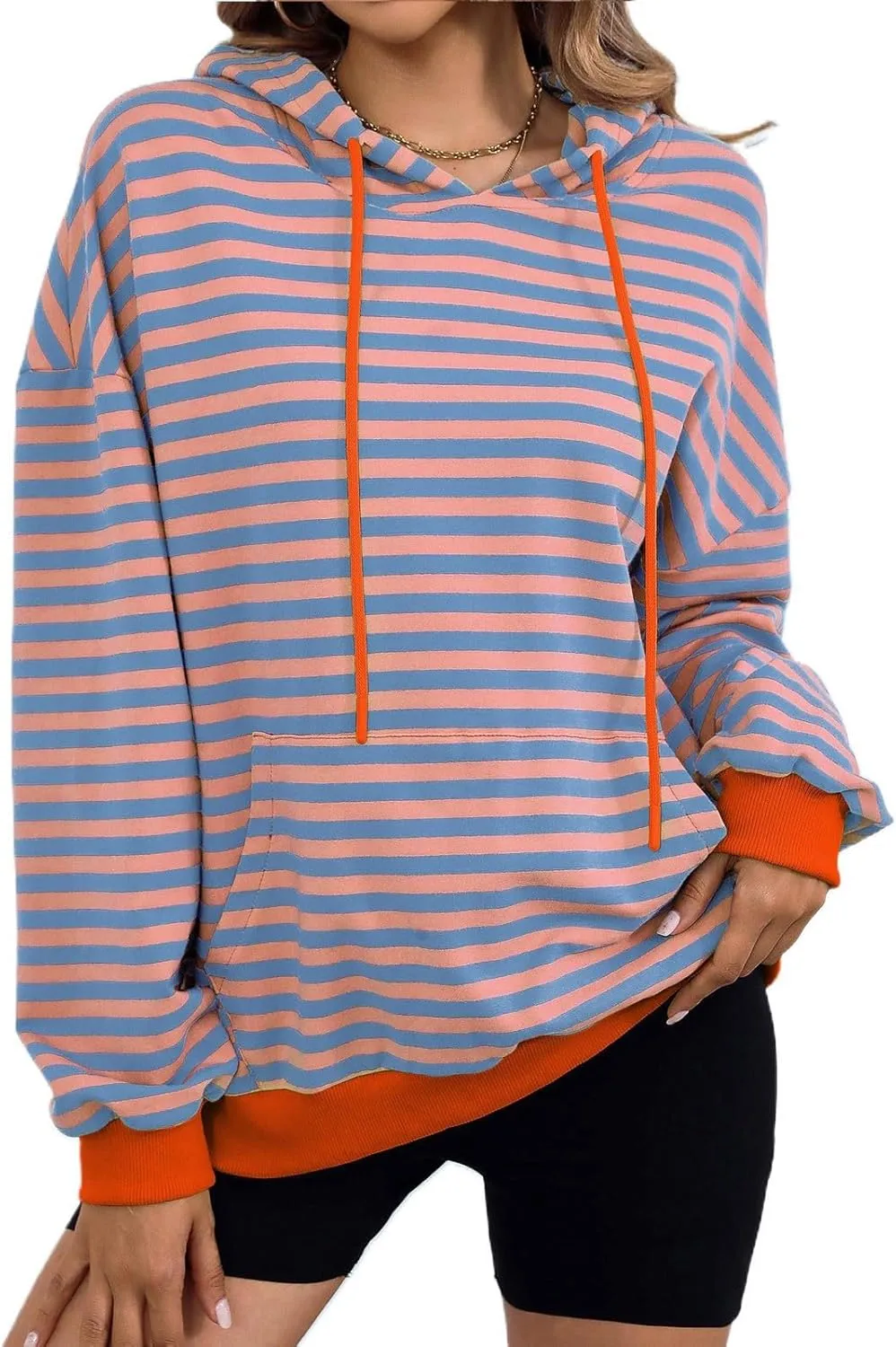 Women 2024 Striped Hoodies Sweatshirt Drawstring Cute Pullover Sweatshirts Long Sleeve Shirts Tops Trendy Fall Clothes