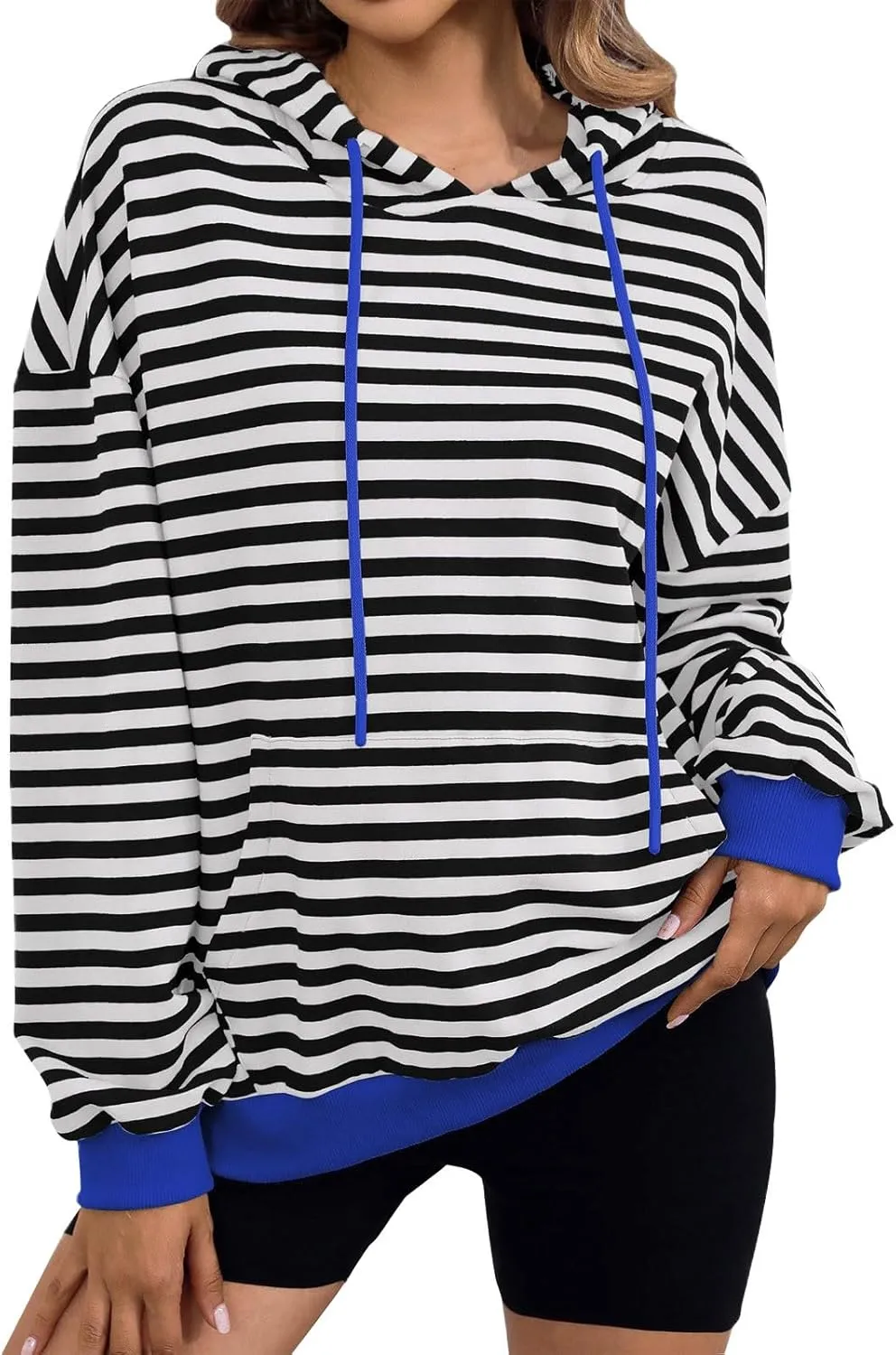 Women 2024 Striped Hoodies Sweatshirt Drawstring Cute Pullover Sweatshirts Long Sleeve Shirts Tops Trendy Fall Clothes