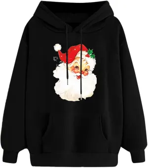 Women Christmas Retro Santa Claus Hooded Sweatshirts Crewneck Long Sleeve Fleece Hoodies Pullover Tops with Pocket