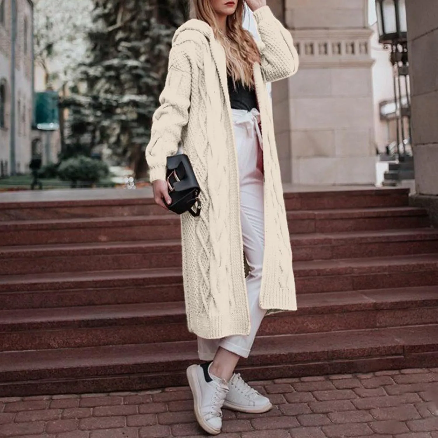 Women Hooded Open Front Cardigan Cable Knit Sweaters Oversized Solid Color Chunky Long Sweater Casual Coats