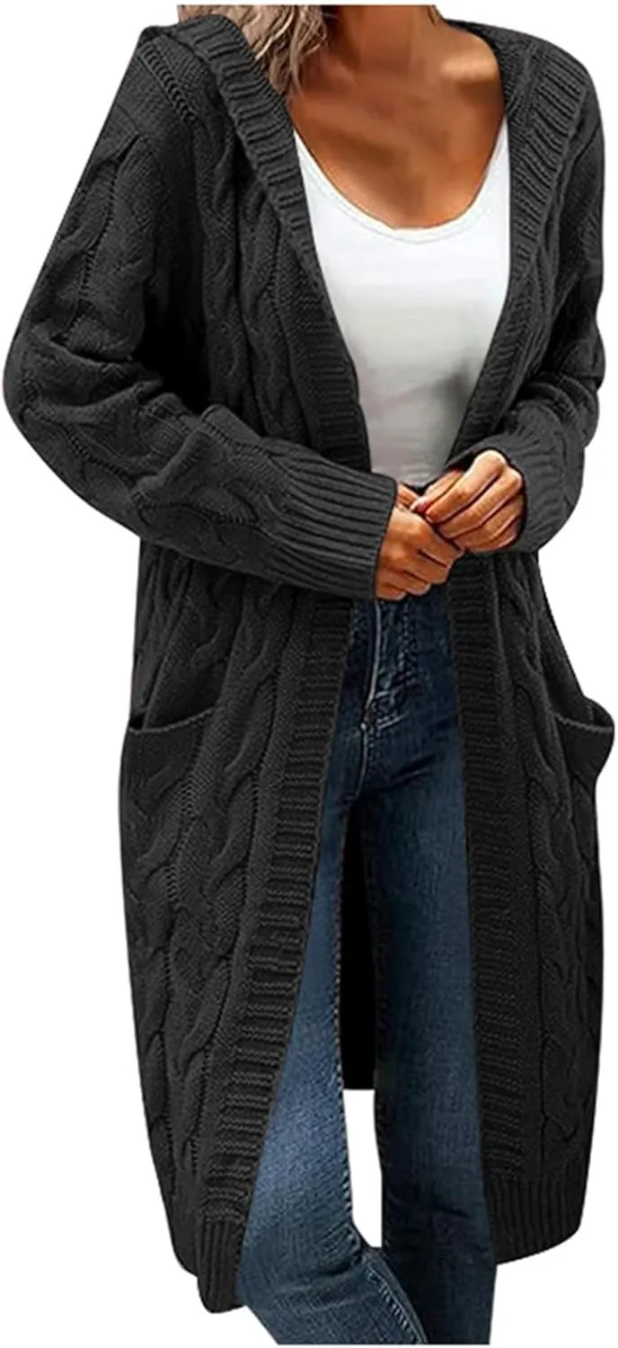 Women Hooded Open Front Cardigan Cable Knit Sweaters Oversized Solid Color Chunky Long Sweater Casual Coats
