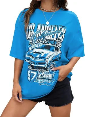 Women Los Angeles Letter Racing Graphic Print Oversized T Shirt Vintage Crew Neck Short Sleeve Loose Tee Top