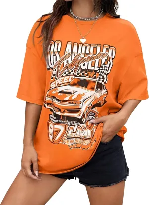 Women Los Angeles Letter Racing Graphic Print Oversized T Shirt Vintage Crew Neck Short Sleeve Loose Tee Top