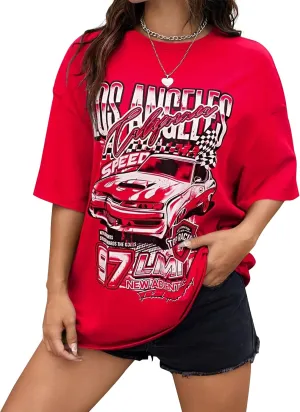 Women Los Angeles Letter Racing Graphic Print Oversized T Shirt Vintage Crew Neck Short Sleeve Loose Tee Top