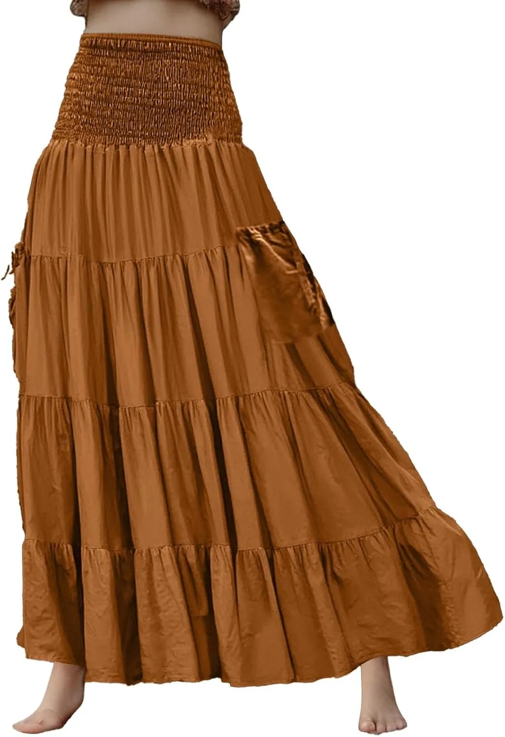 Women Ruffle Maxi Skirt 2025 Casual Boho Flowy Swing Tiered Flared A-Line Pleated Elastic Waist Midi Beach Dress,A003Orange,S