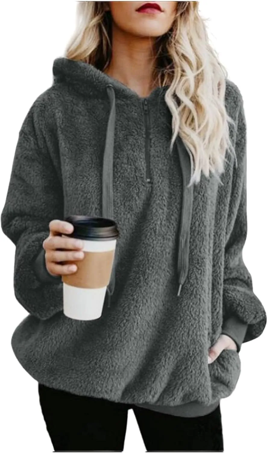 Women Sherpa Hoodie Fuzzy Fleece Quarter Zip Pullover Loose Comfy Plush Sweatshirt with Pockets Cute Winter Clothes