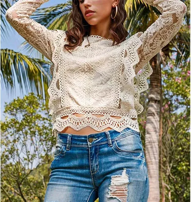 Women Summer Hollow Out White Lace Organza Ruffles Mesh Woman Tops Fashionable Blouses