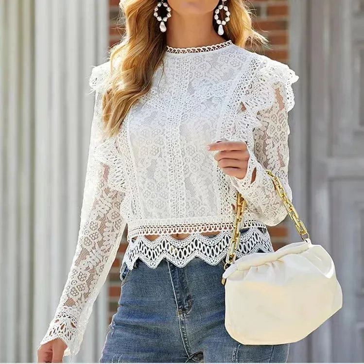 Women Summer Hollow Out White Lace Organza Ruffles Mesh Woman Tops Fashionable Blouses