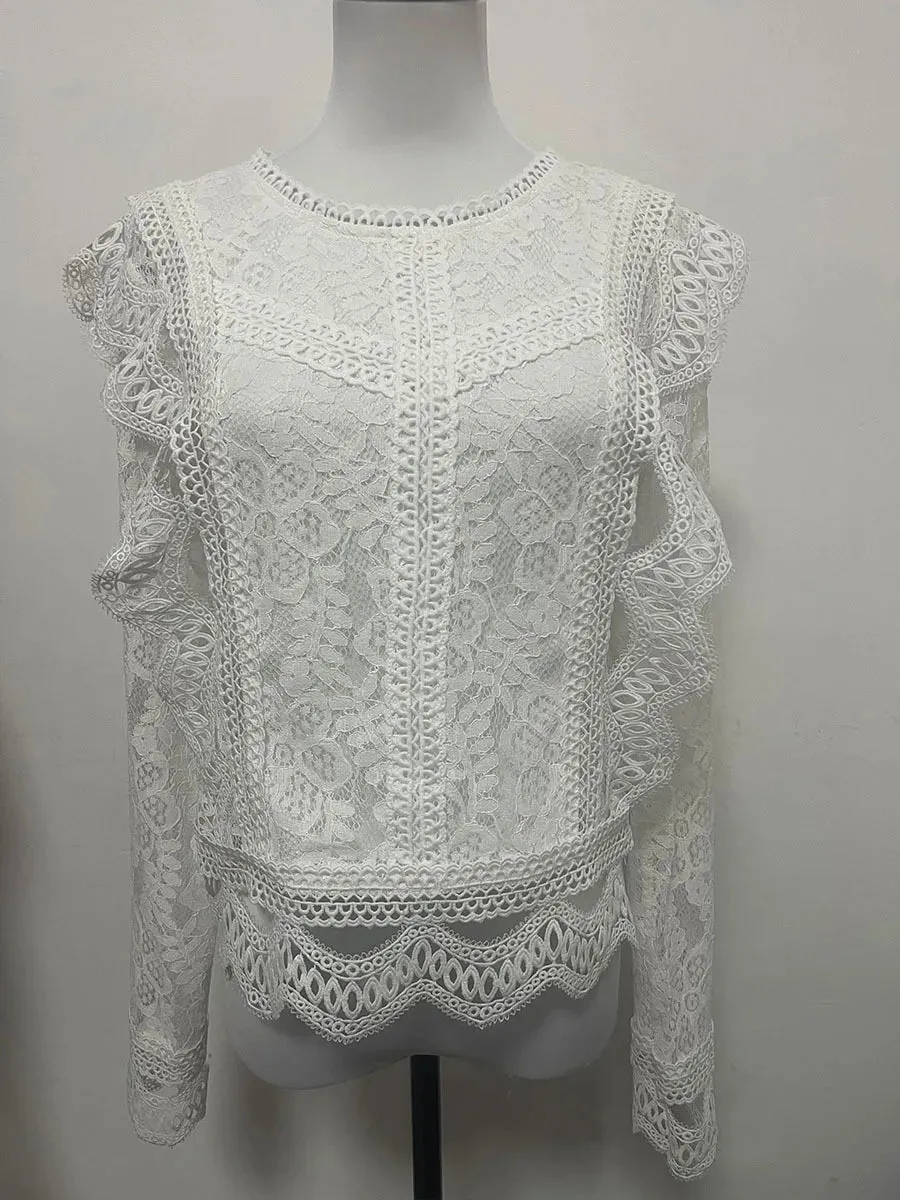 Women Summer Hollow Out White Lace Organza Ruffles Mesh Woman Tops Fashionable Blouses