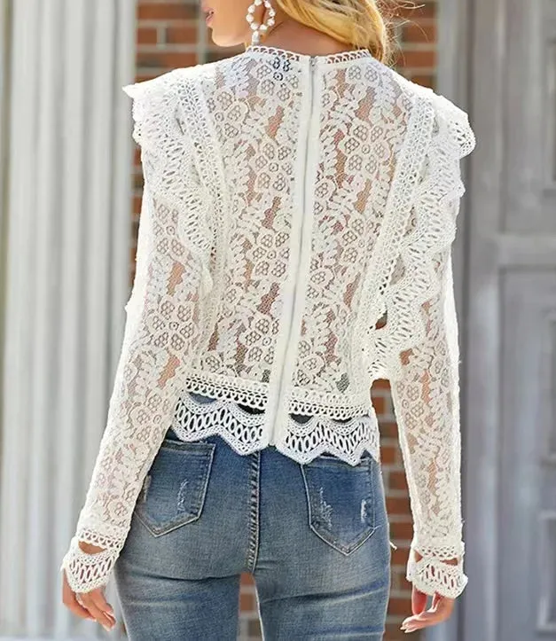 Women Summer Hollow Out White Lace Organza Ruffles Mesh Woman Tops Fashionable Blouses