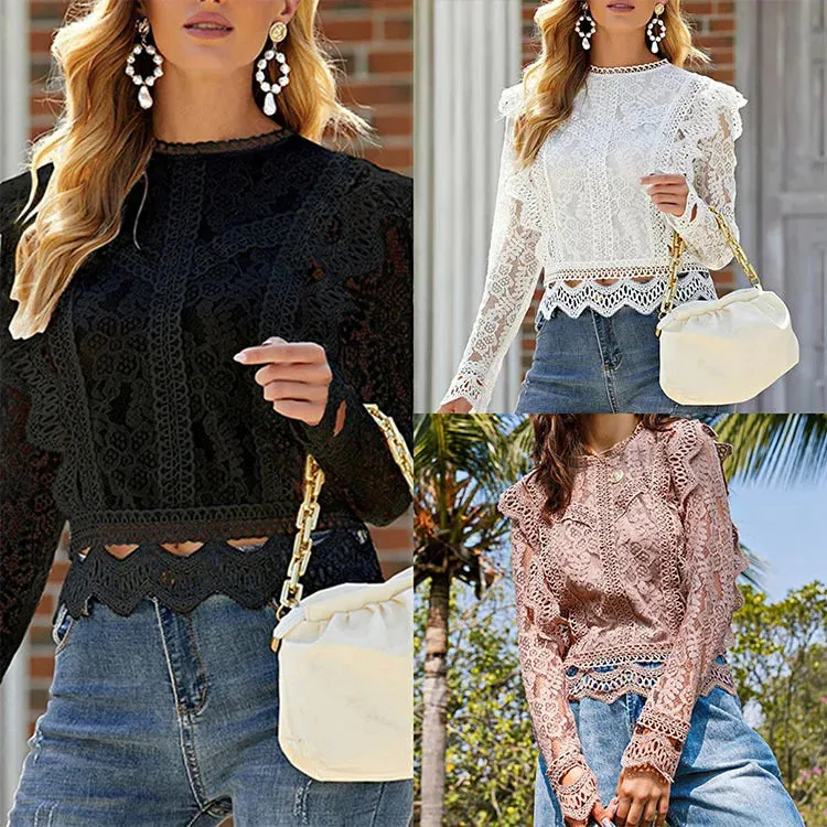 Women Summer Hollow Out White Lace Organza Ruffles Mesh Woman Tops Fashionable Blouses