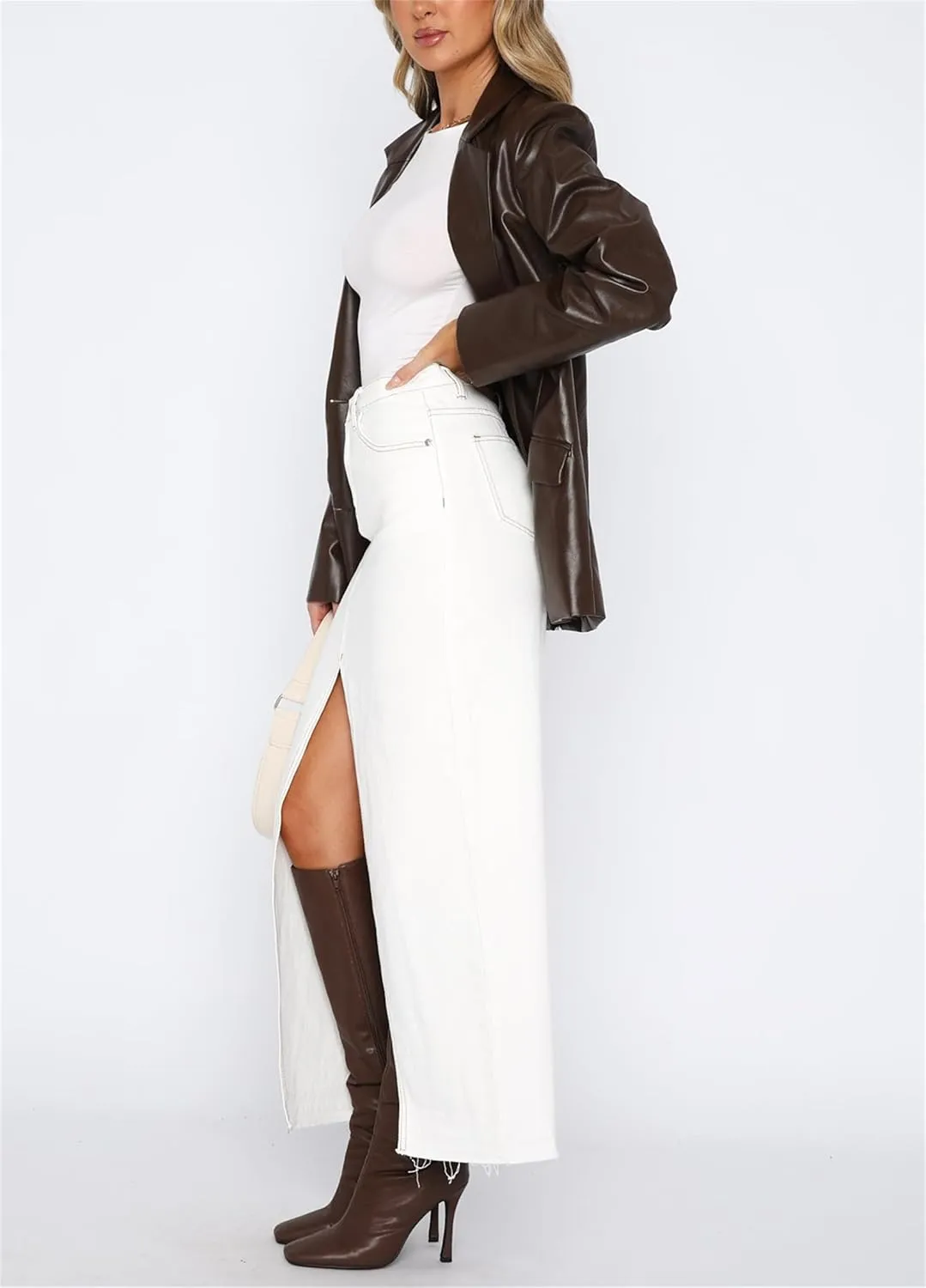 Women Vintage Long Denim Skirt Front Slit Elastic Maxi Skirt with Pockets Y2k Aesthetic Clothes Streetwear