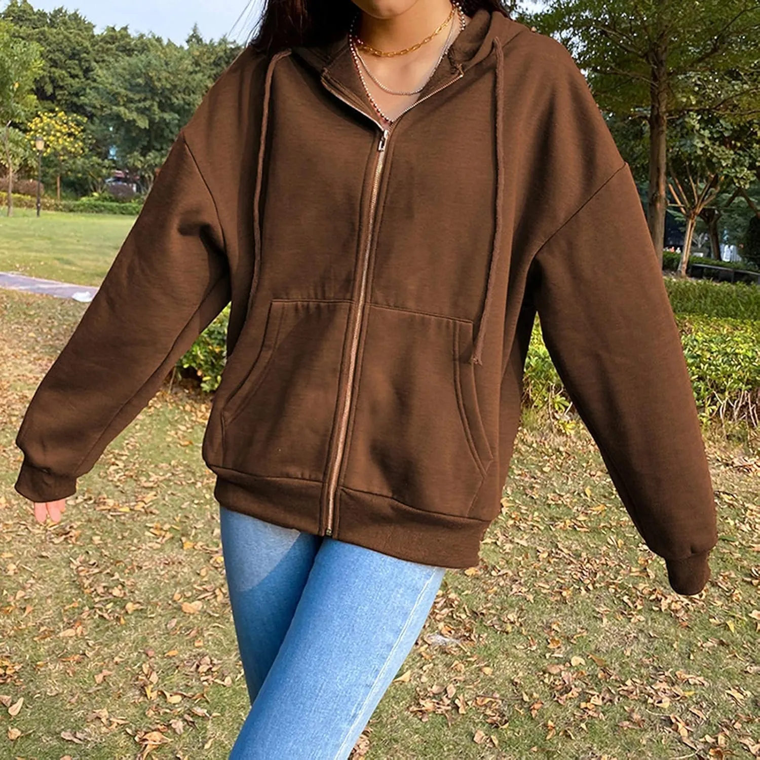 Women Zip Up Y2K Hoodie Fall Oversized Sweatshirts Casual Drawstring Hooded Pockets Jacket 2024 Long Sleeve Clothes