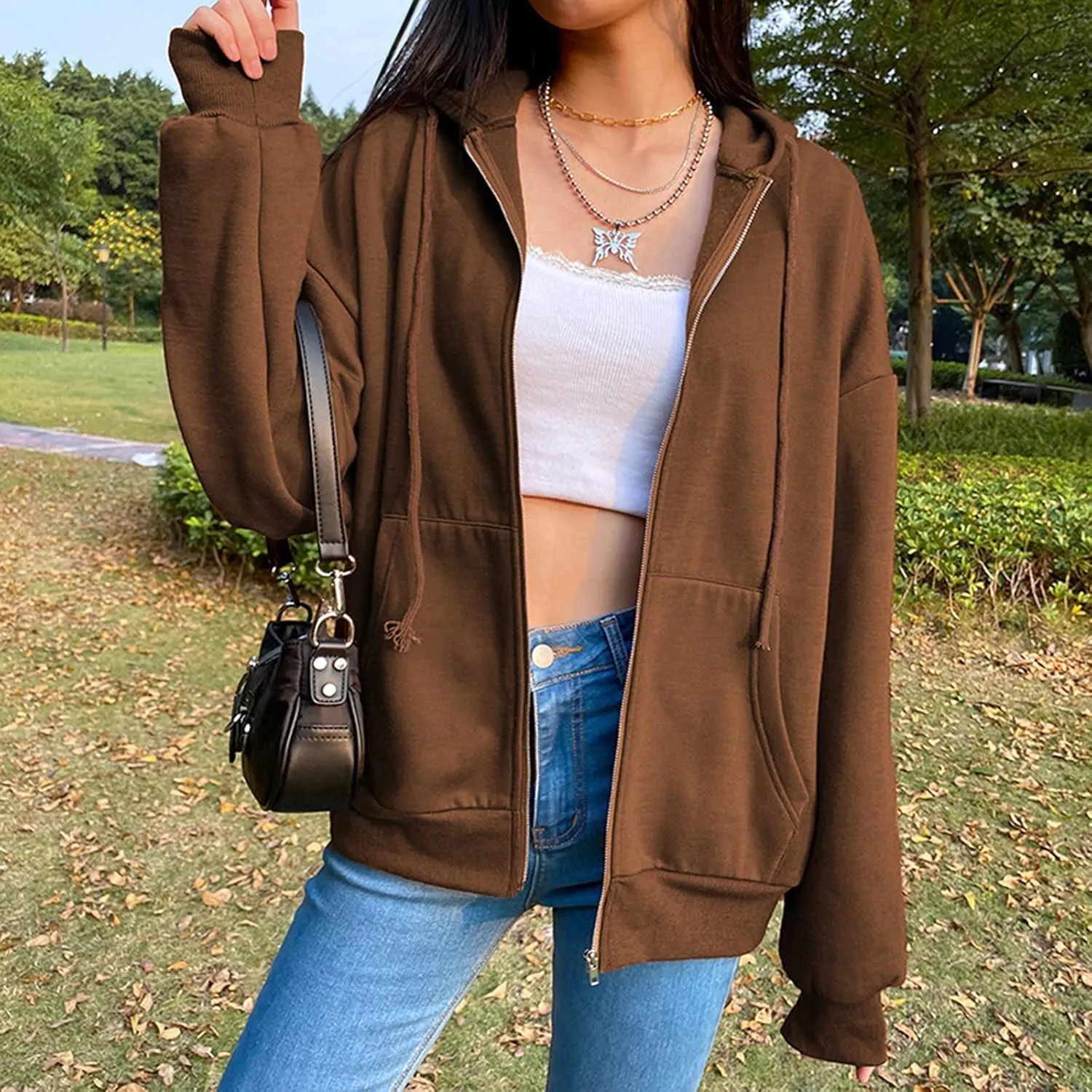 Women Zip Up Y2K Hoodie Fall Oversized Sweatshirts Casual Drawstring Hooded Pockets Jacket 2024 Long Sleeve Clothes