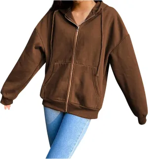 Women Zip Up Y2K Hoodie Fall Oversized Sweatshirts Casual Drawstring Hooded Pockets Jacket 2024 Long Sleeve Clothes