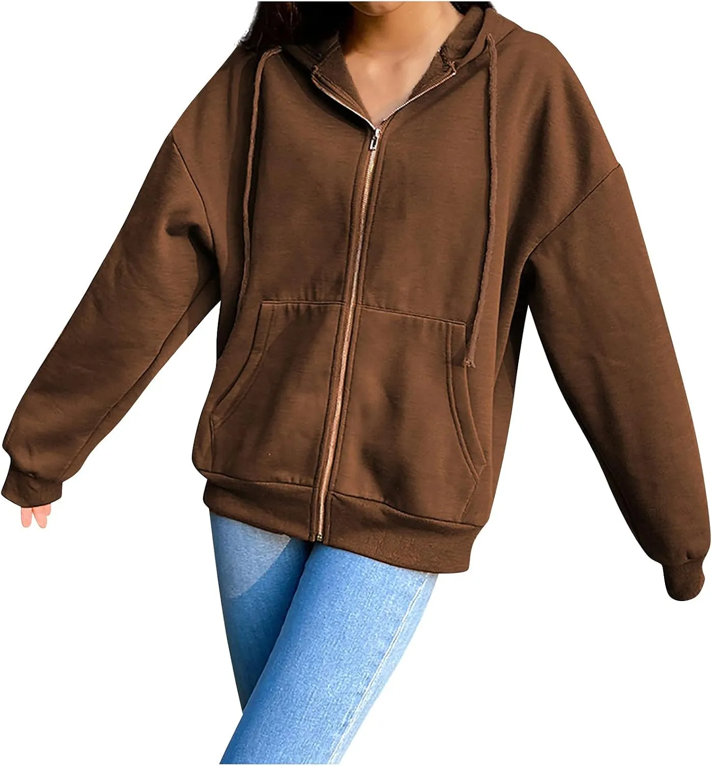 Women Zip Up Y2K Hoodie Fall Oversized Sweatshirts Casual Drawstring Hooded Pockets Jacket 2024 Long Sleeve Clothes