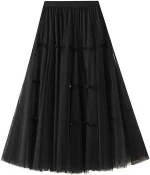 Women's A-Line Midi Skirt with Bow Tulle Tutu Skirt Fairy Elastic Waist Layered Mesh Pleated Swing Midi Long Dresses, Black