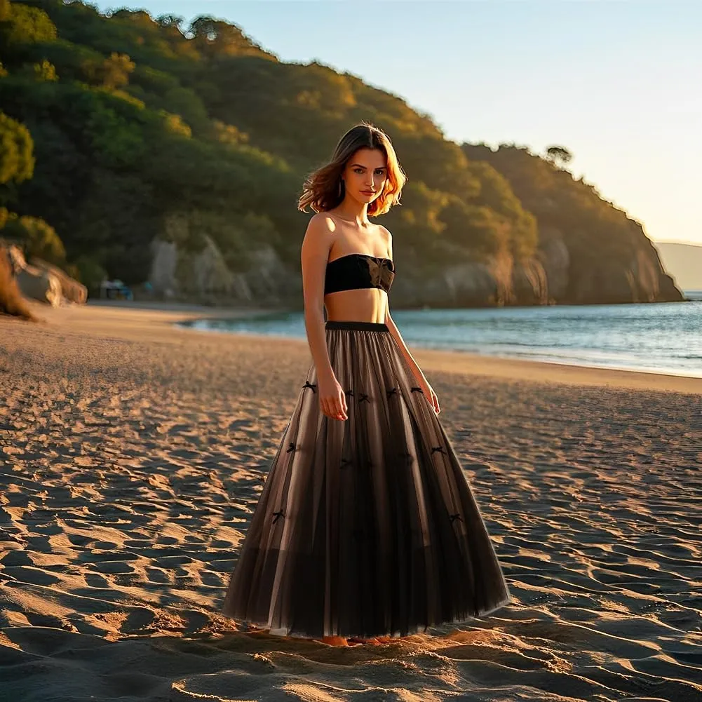 Women's A-Line Midi Skirt with Bow Tulle Tutu Skirt Fairy Elastic Waist Layered Mesh Pleated Swing Midi Long Dresses, Black