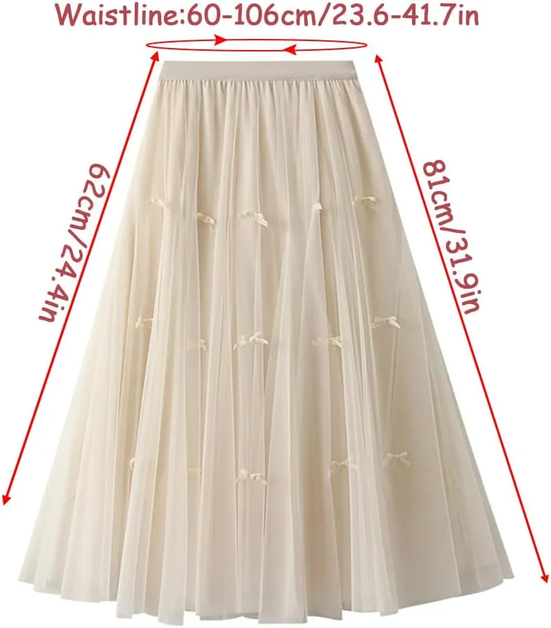 Women's A-Line Midi Skirt with Bow Tulle Tutu Skirt Fairy Elastic Waist Layered Mesh Pleated Swing Midi Long Dresses, Black