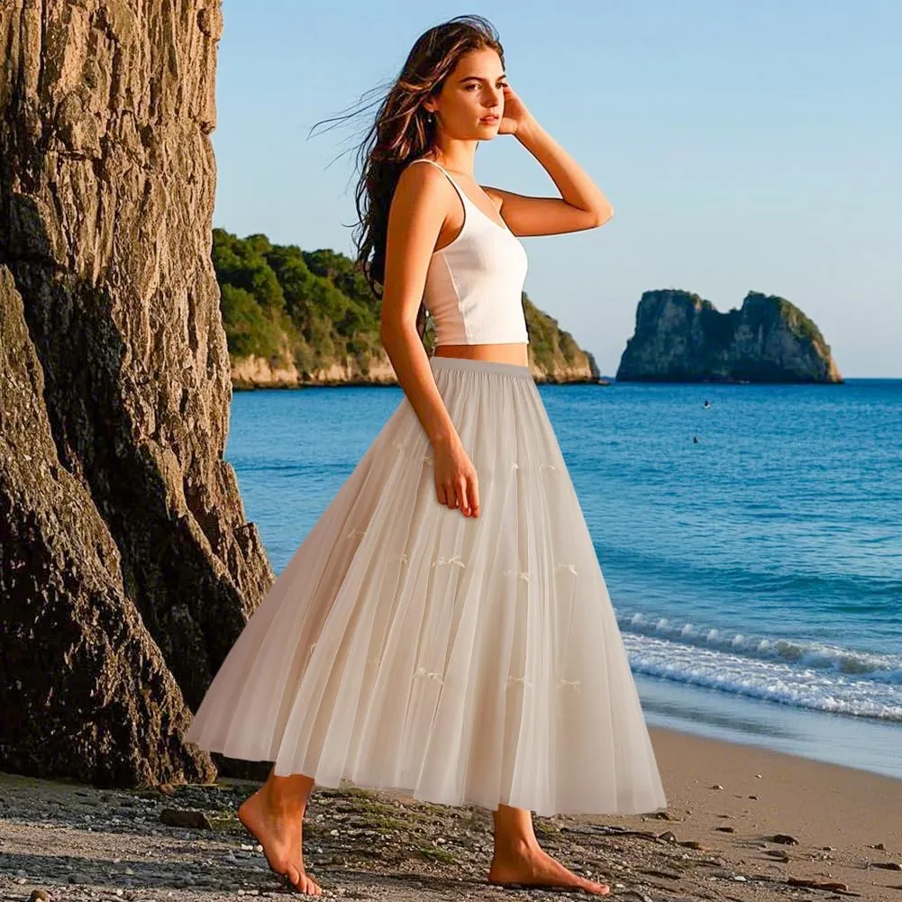 Women's A-Line Midi Skirt with Bow Tulle Tutu Skirt Fairy Elastic Waist Layered Mesh Pleated Swing Midi Long Dresses, Black