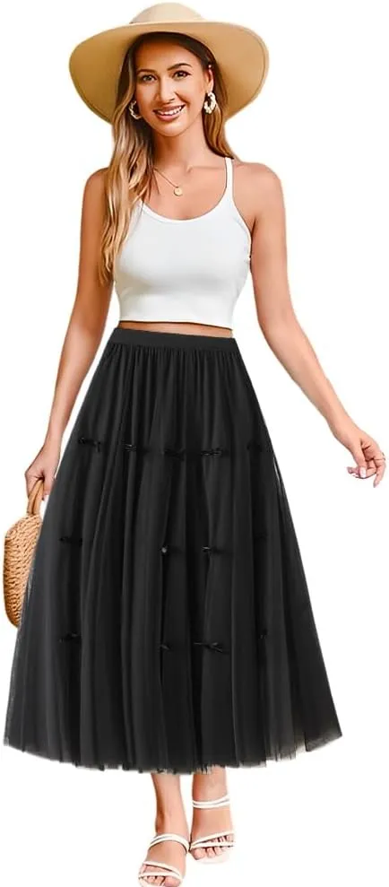 Women's A-Line Midi Skirt with Bow Tulle Tutu Skirt Fairy Elastic Waist Layered Mesh Pleated Swing Midi Long Dresses, Black