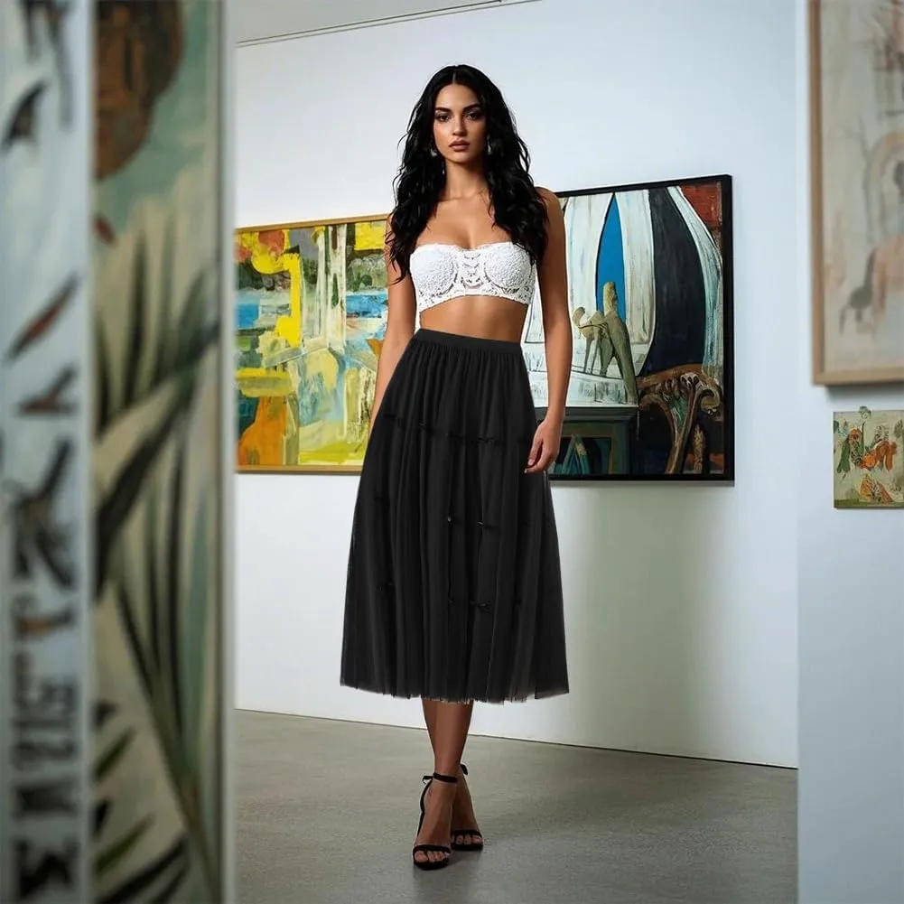 Women's A-Line Midi Skirt with Bow Tulle Tutu Skirt Fairy Elastic Waist Layered Mesh Pleated Swing Midi Long Dresses, Black