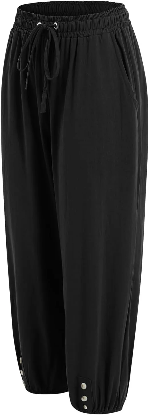 Women's Cotton Linen Capris Pants Elastic Drawstring Casual Summer Plus Size Wide Leg Waist Cropped Trouser