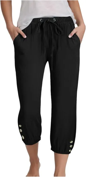 Women's Cotton Linen Capris Pants Elastic Drawstring Casual Summer Plus Size Wide Leg Waist Cropped Trouser