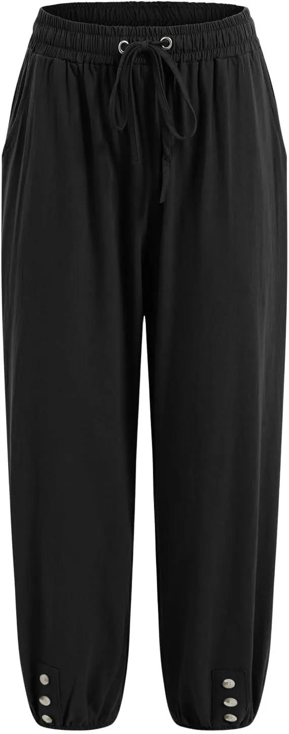 Women's Cotton Linen Capris Pants Elastic Drawstring Casual Summer Plus Size Wide Leg Waist Cropped Trouser