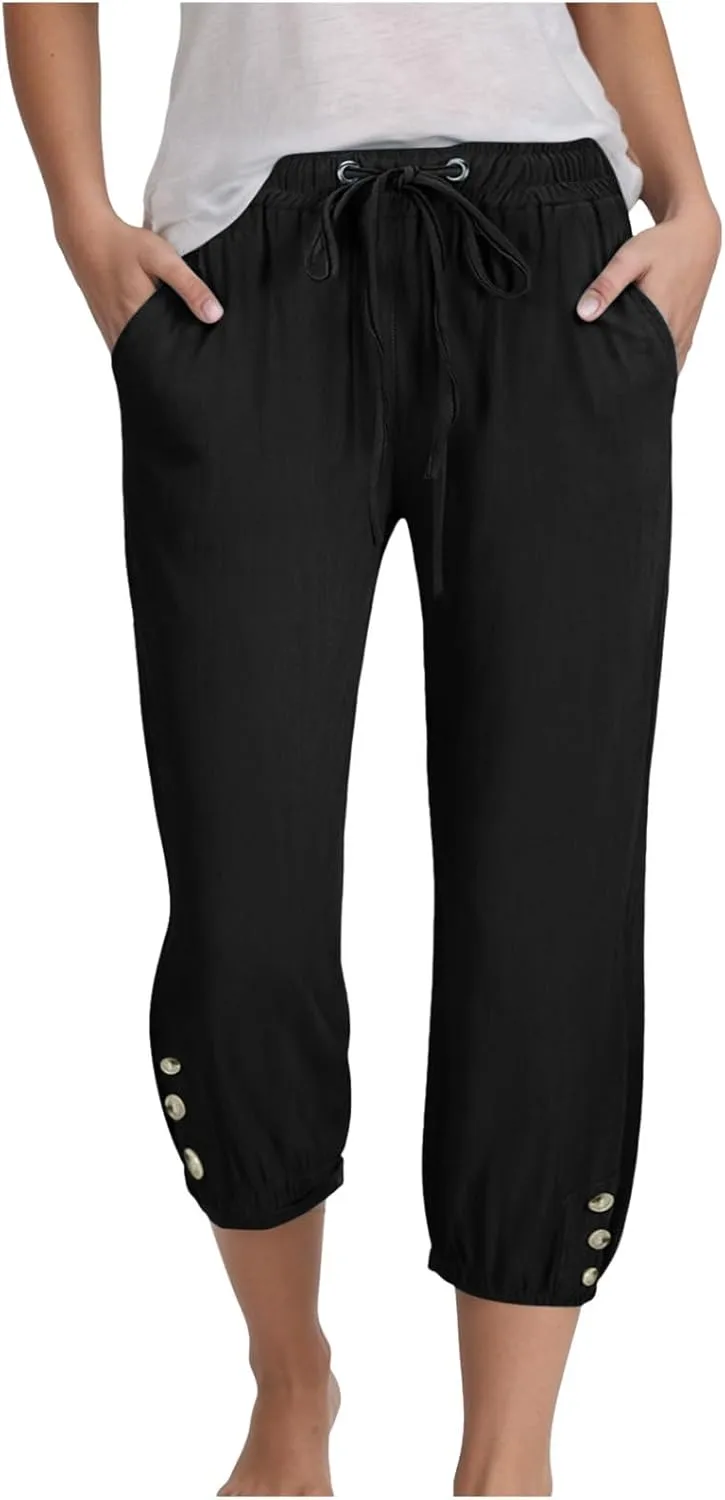 Women's Cotton Linen Capris Pants Elastic Drawstring Casual Summer Plus Size Wide Leg Waist Cropped Trouser