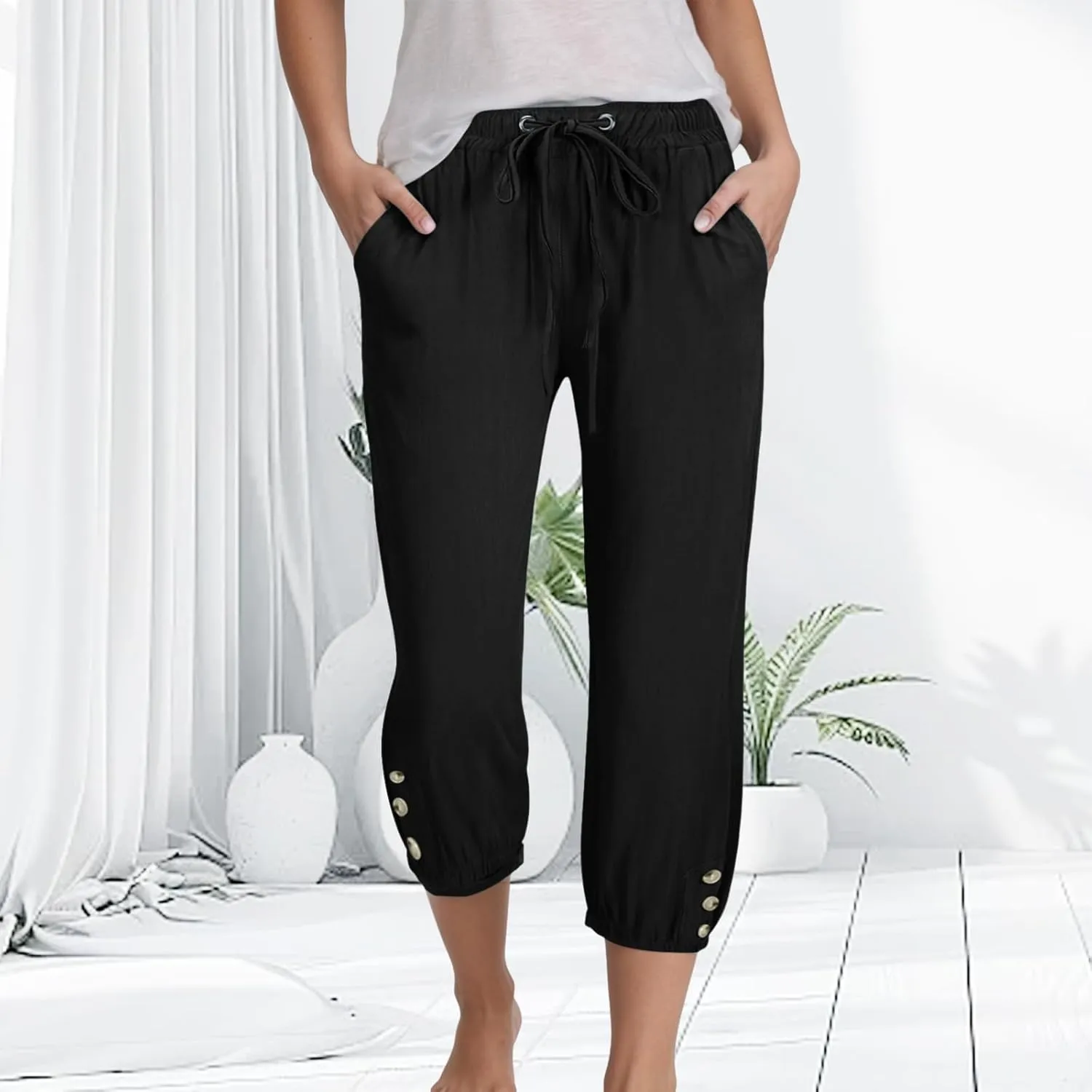 Women's Cotton Linen Capris Pants Elastic Drawstring Casual Summer Plus Size Wide Leg Waist Cropped Trouser