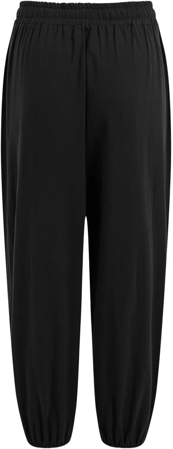 Women's Cotton Linen Capris Pants Elastic Drawstring Casual Summer Plus Size Wide Leg Waist Cropped Trouser