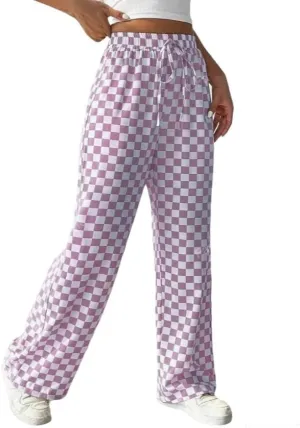 Women's Drawstring Checkered Trousers High Waist Plaid Wide Leg Pants Y2k Streetwear Straight Pants with Pockets