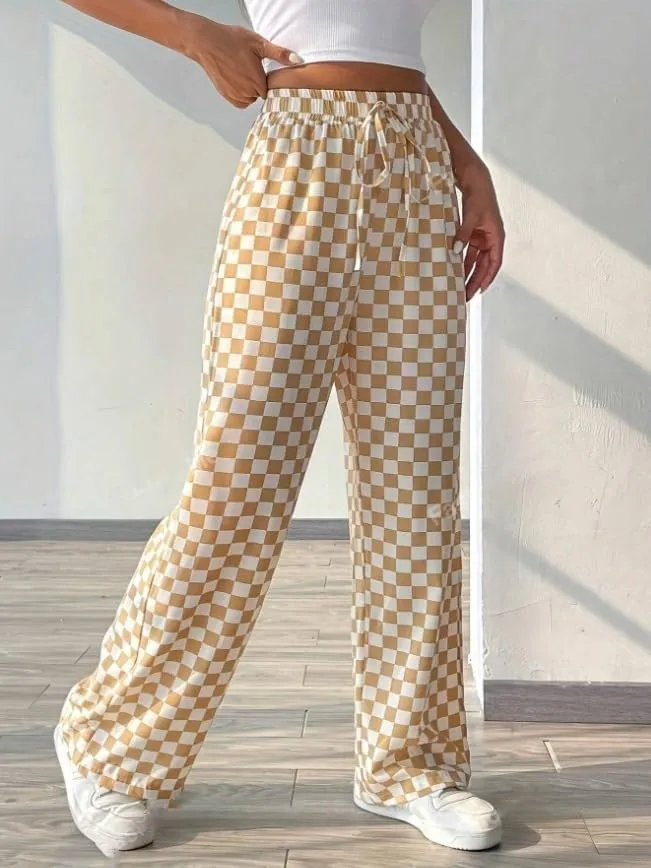 Women's Drawstring Checkered Trousers High Waist Plaid Wide Leg Pants Y2k Streetwear Straight Pants with Pockets