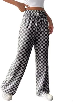 Women's Drawstring Checkered Trousers High Waist Plaid Wide Leg Pants Y2k Streetwear Straight Pants with Pockets