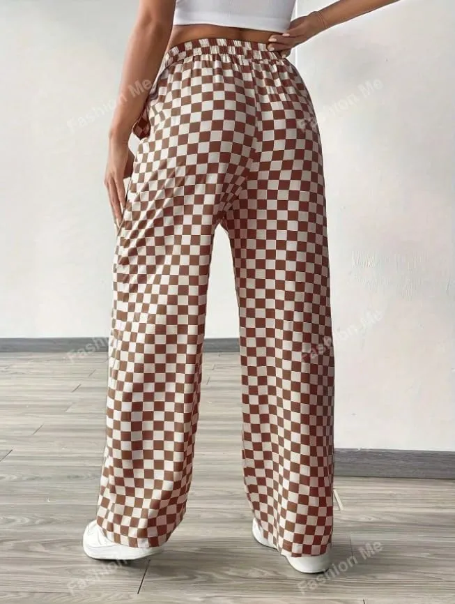 Women's Drawstring Checkered Trousers High Waist Plaid Wide Leg Pants Y2k Streetwear Straight Pants with Pockets
