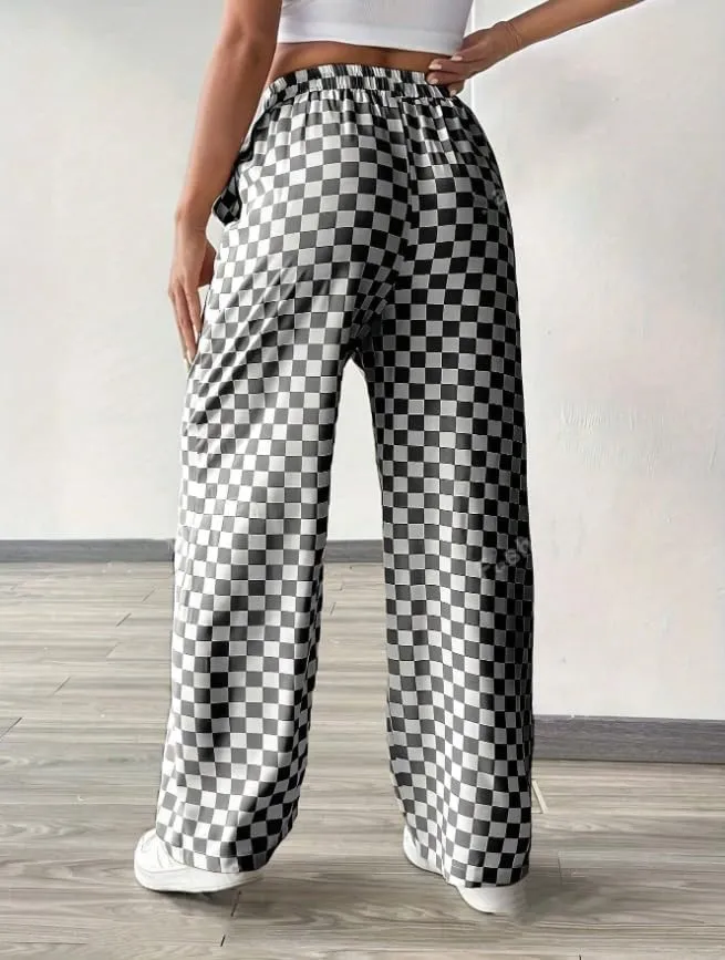 Women's Drawstring Checkered Trousers High Waist Plaid Wide Leg Pants Y2k Streetwear Straight Pants with Pockets
