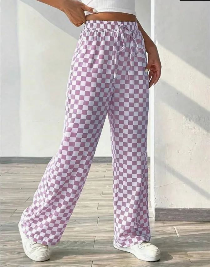 Women's Drawstring Checkered Trousers High Waist Plaid Wide Leg Pants Y2k Streetwear Straight Pants with Pockets